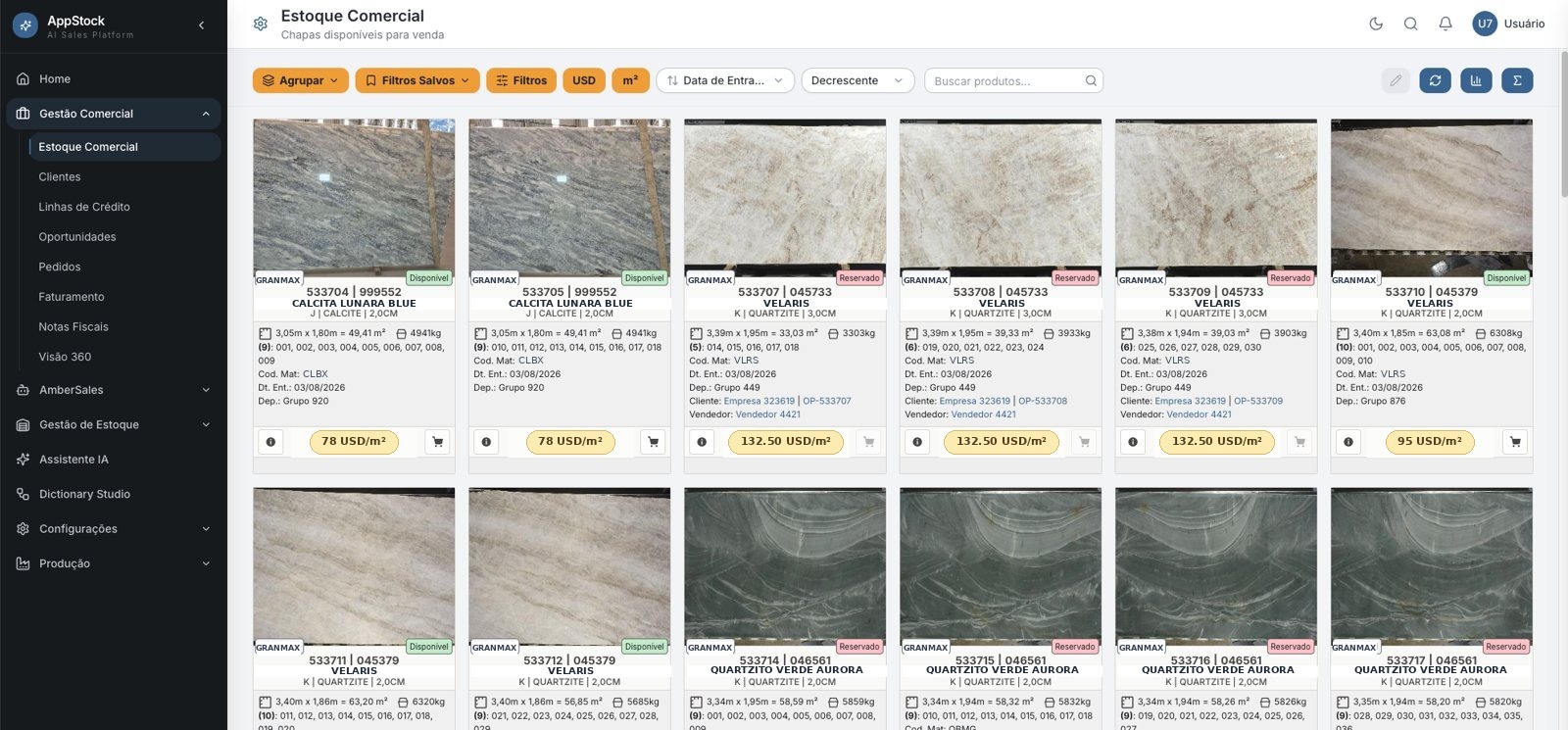 Estoque Comercial do AppStock: chapas com fotos, medidas, preços e disponibilidade